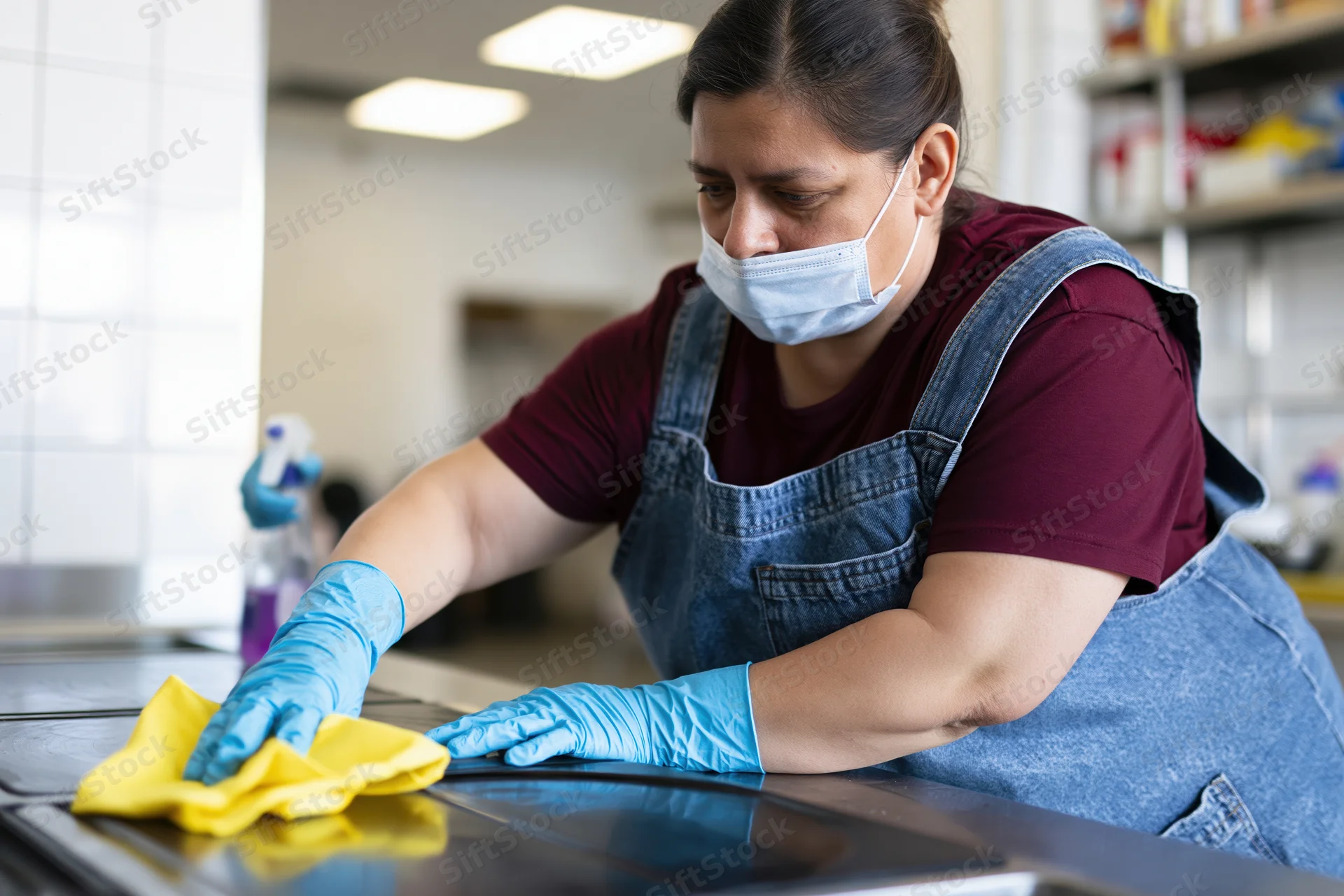 Woman in denim apron and blue gloves cleaning stainless steel kitchen counter with yellow cloth