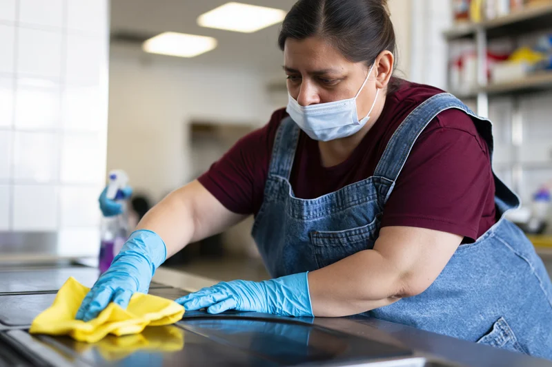 Woman in denim apron and blue gloves cleaning stainless steel kitchen counter with yellow cloth