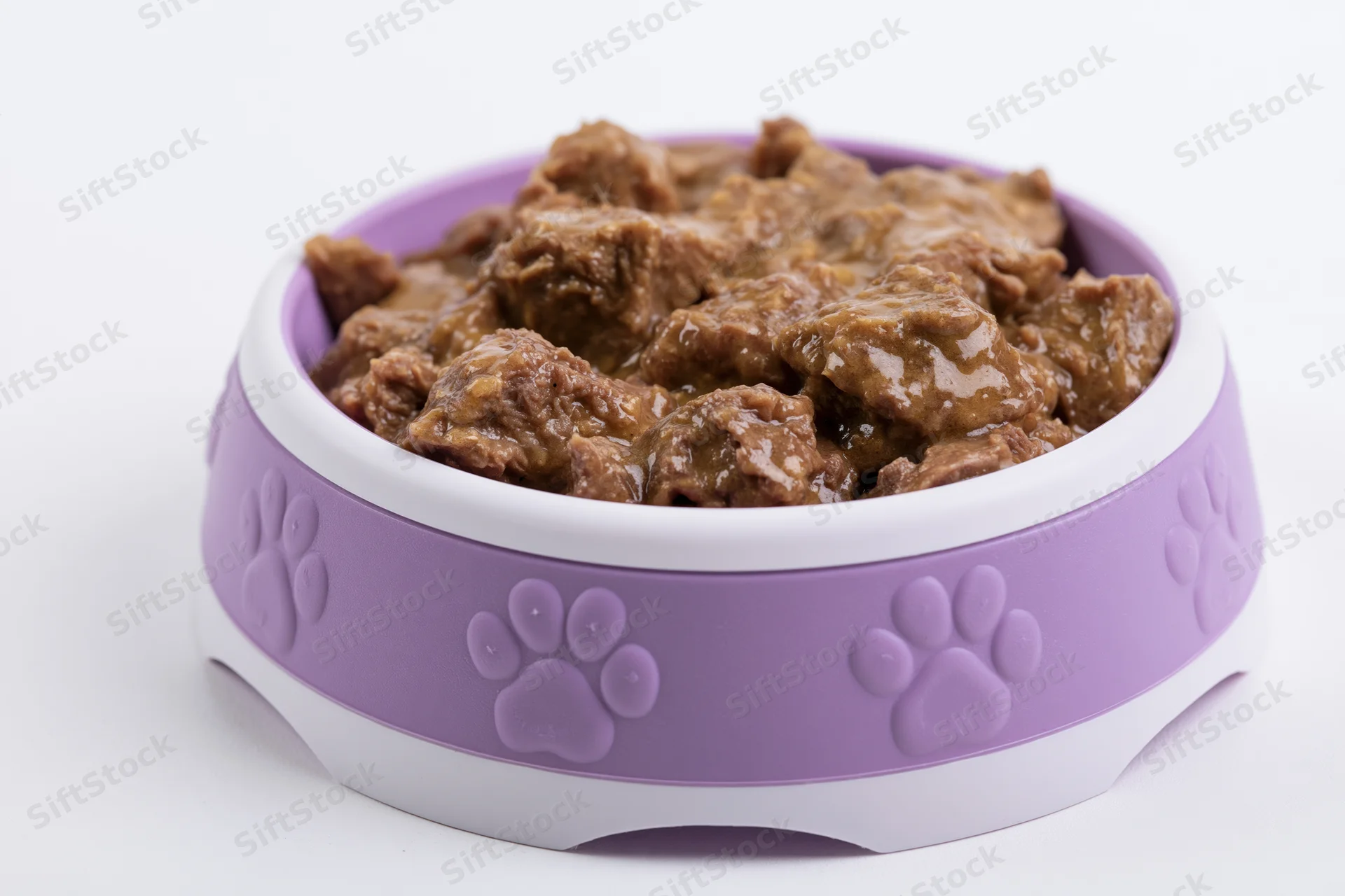 Wet pet food in a purple and white bowl with embossed paw prints on a white background