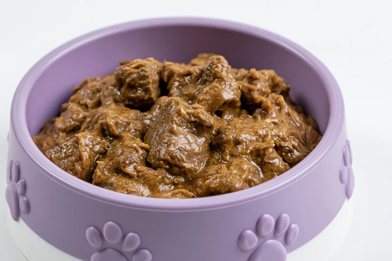 Wet pet food in a purple and white bowl with embossed paw prints