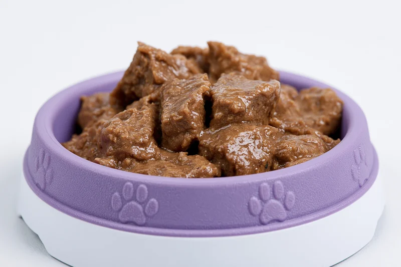 Wet pet food in chunks with gravy served in a purple and white bowl with embossed paw prints on a white background