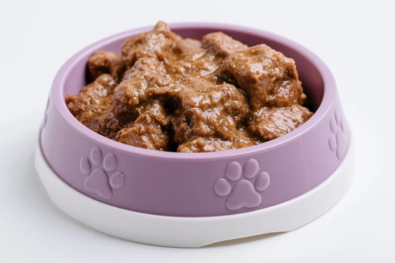 Wet pet food in a purple and white bowl with embossed paw prints on a white background