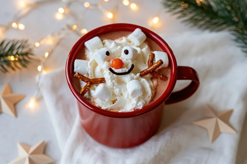 Red enamel mug filled with hot cocoa and whipped cream shaped into a snowman face, surrounded by pine branches, fairy lights, and paper stars on a white cloth