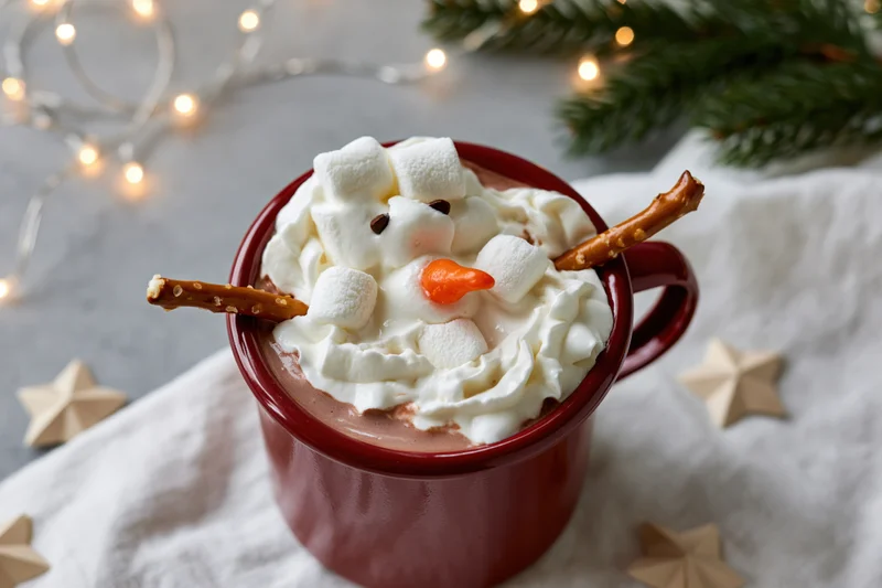 Red enamel mug filled with hot cocoa and whipped cream shaped as a snowman on a cloth with holiday lights and pine branches