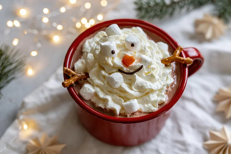 Red enamel mug filled with hot cocoa and whipped cream shaped as a snowman, surrounded by pine branches and fairy lights on a white cloth
