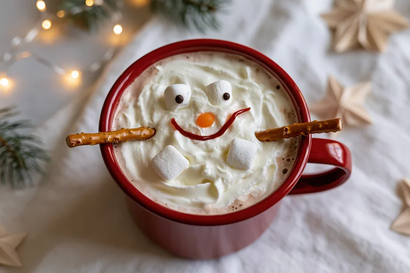 Red mug filled with hot cocoa and whipped cream decorated as a snowman on a cloth with holiday lights and pine branches