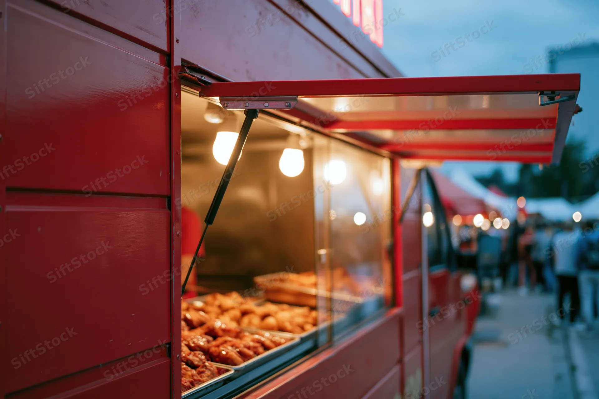 Red food truck with open service window displaying trays of donuts at twilight market