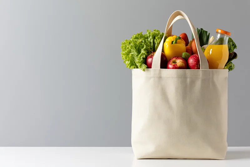 Cream canvas tote bag filled with fresh fruits vegetables and juice on white surface
