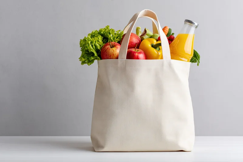 Cream canvas tote bag filled with fresh groceries on white surface
