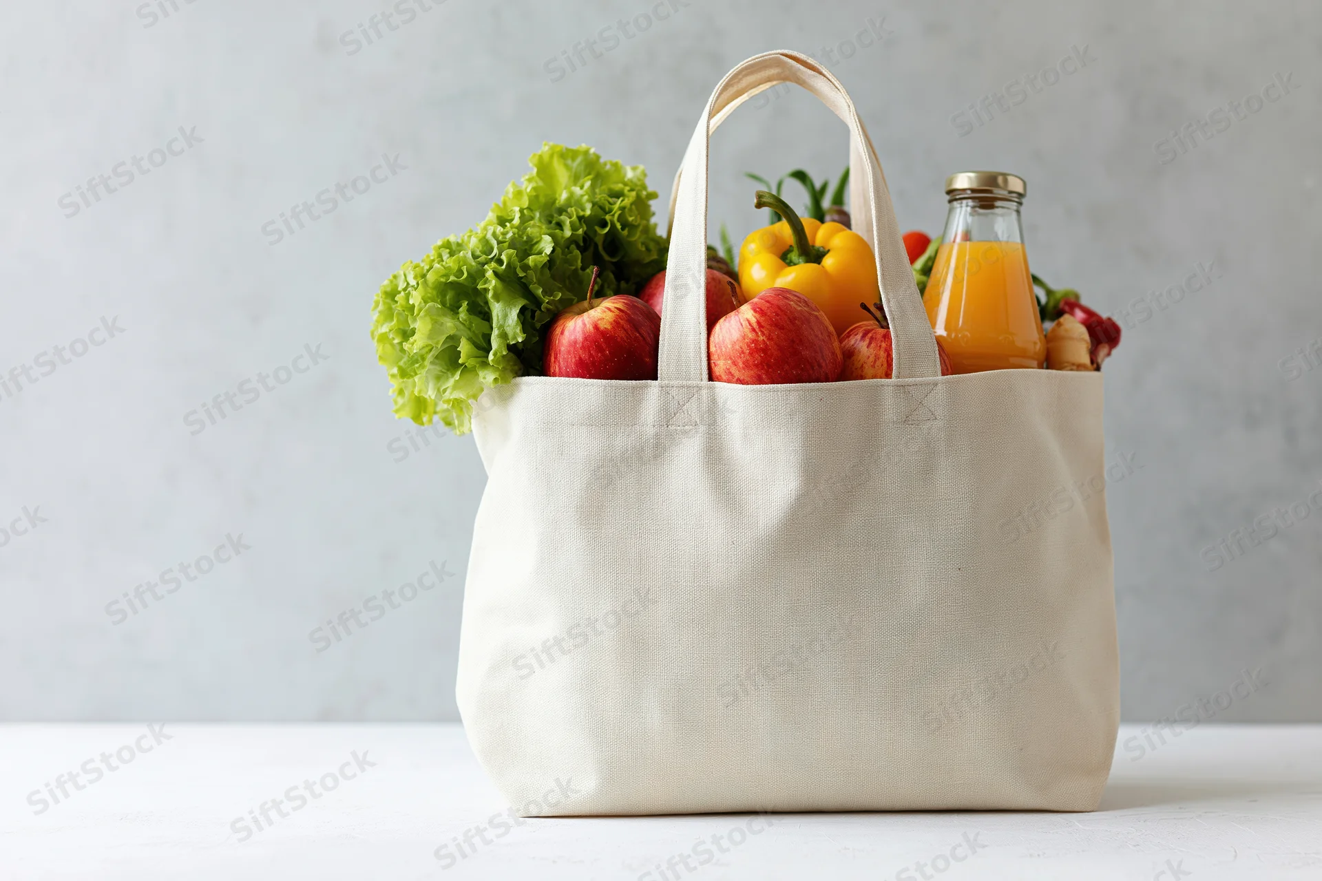 Cream canvas tote bag filled with fresh produce and juice on a white surface
