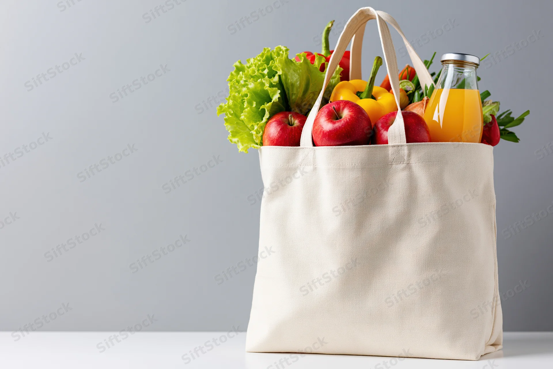 Cream canvas tote bag filled with fresh fruits vegetables and juice on white surface