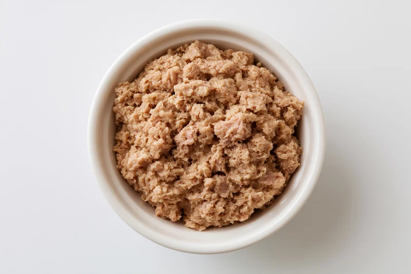 Chunky canned tuna in a white ceramic bowl viewed from above on a plain white surface