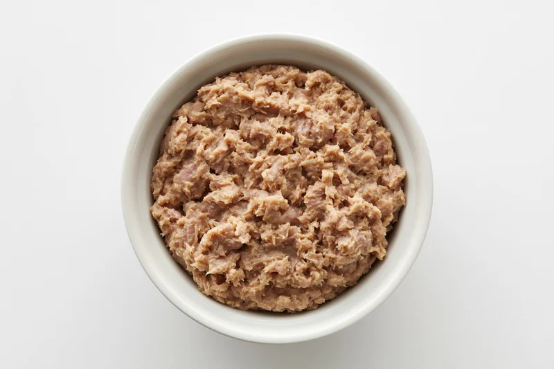 Chunky canned tuna in a white ceramic bowl viewed from above on a plain white surface