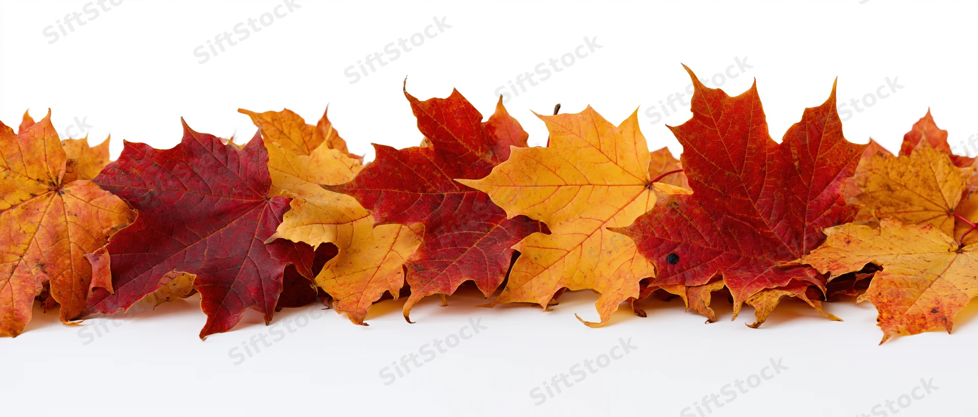 Row of fallen autumn maple leaves arranged along the bottom on white background