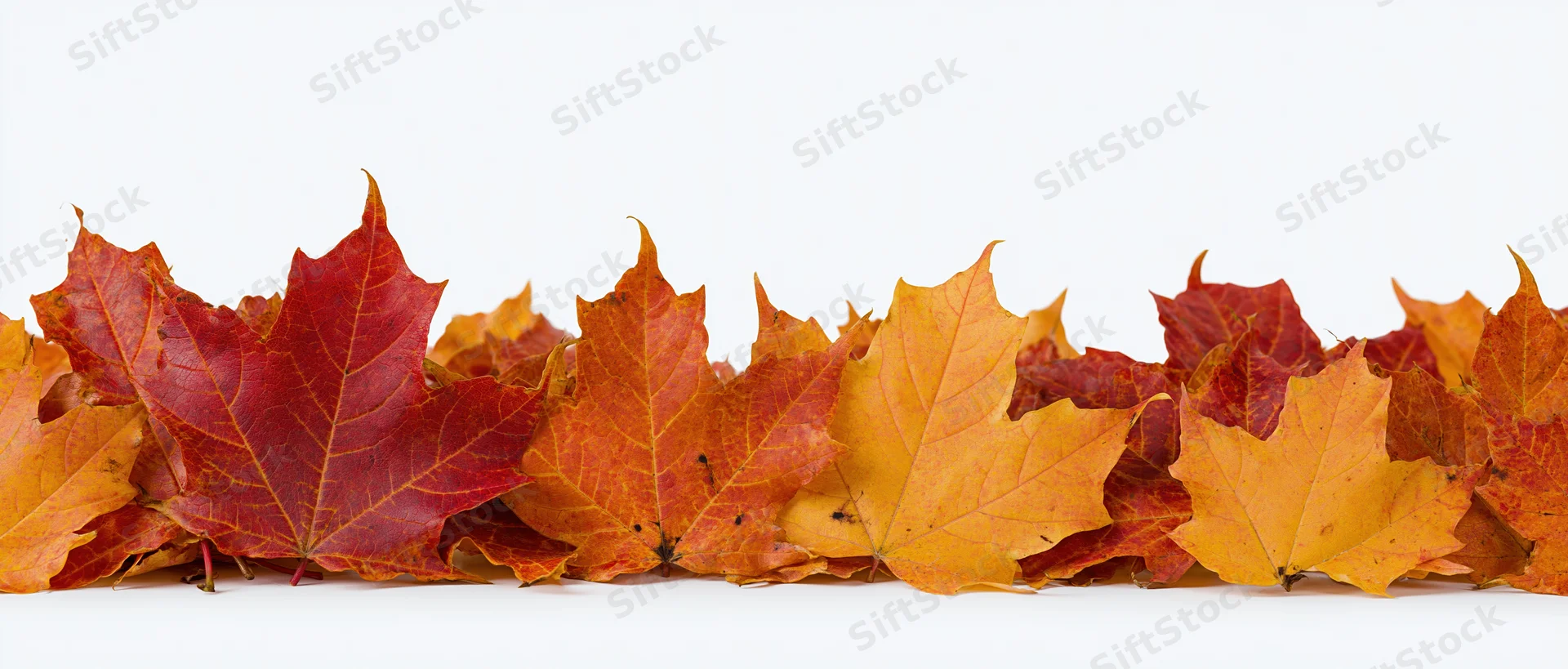 Row of fallen autumn maple leaves arranged along the bottom on white background