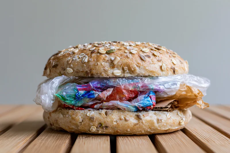 Seeded bread bun filled with crumpled plastic waste on wooden slat surface