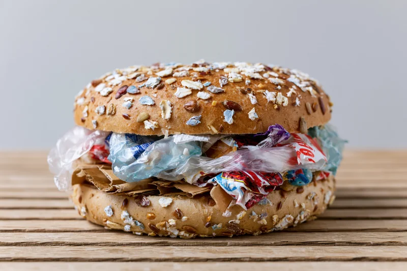 Seeded bread bun filled with crumpled plastic waste on wooden surface