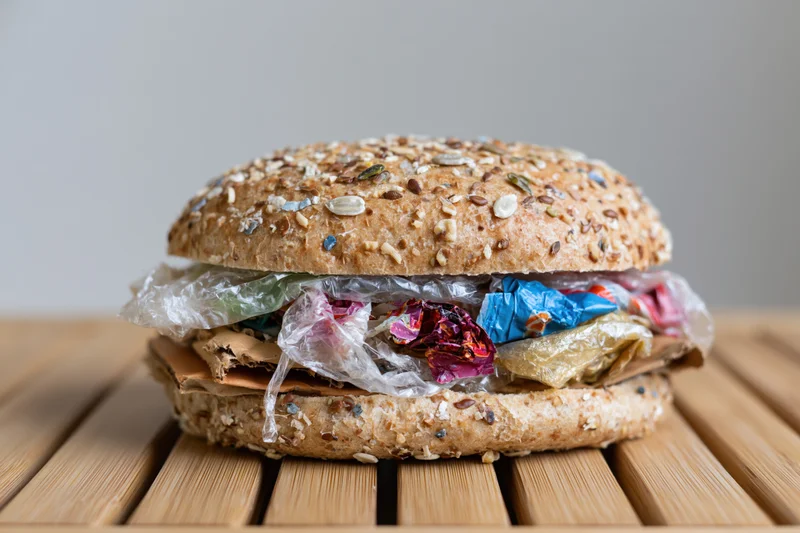 Seeded bread bun filled with crumpled plastic waste on a bamboo tray