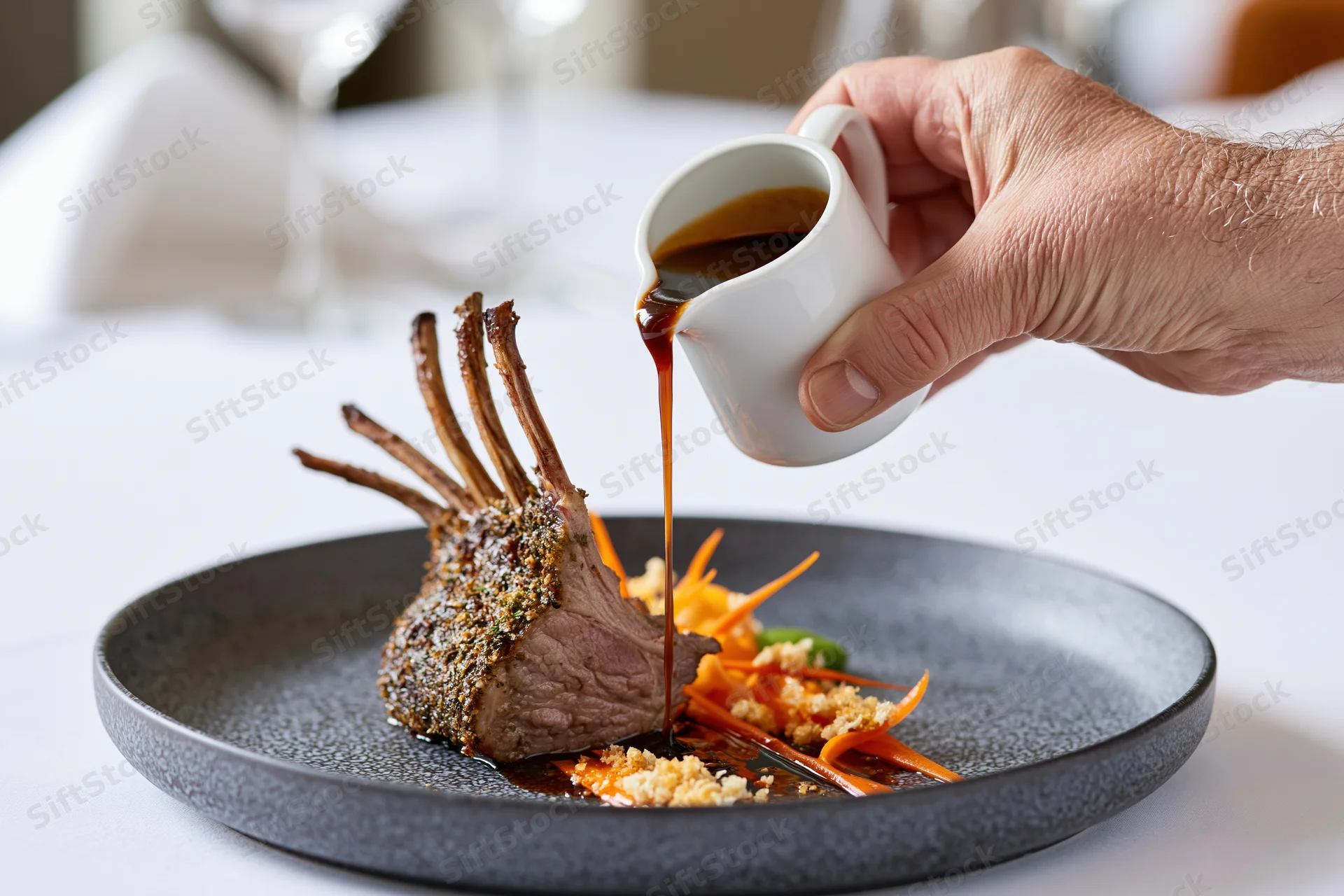 Hand pouring dark jus from a white ceramic pitcher onto a rack of lamb on a black plate at a restaurant table