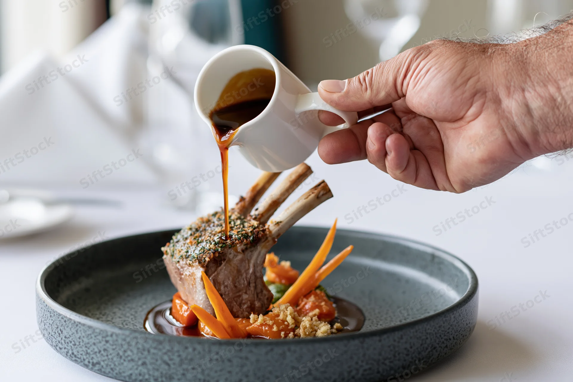 Hand pouring dark jus from a white ceramic pitcher onto a lamb rack dish on a gray plate at a restaurant table