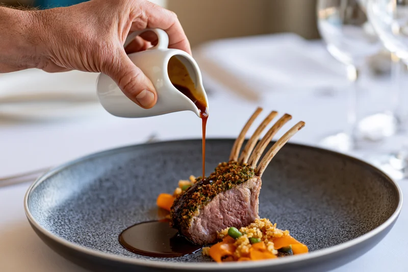 Hand pouring dark sauce over a rack of lamb on a dark plate at a fine dining table