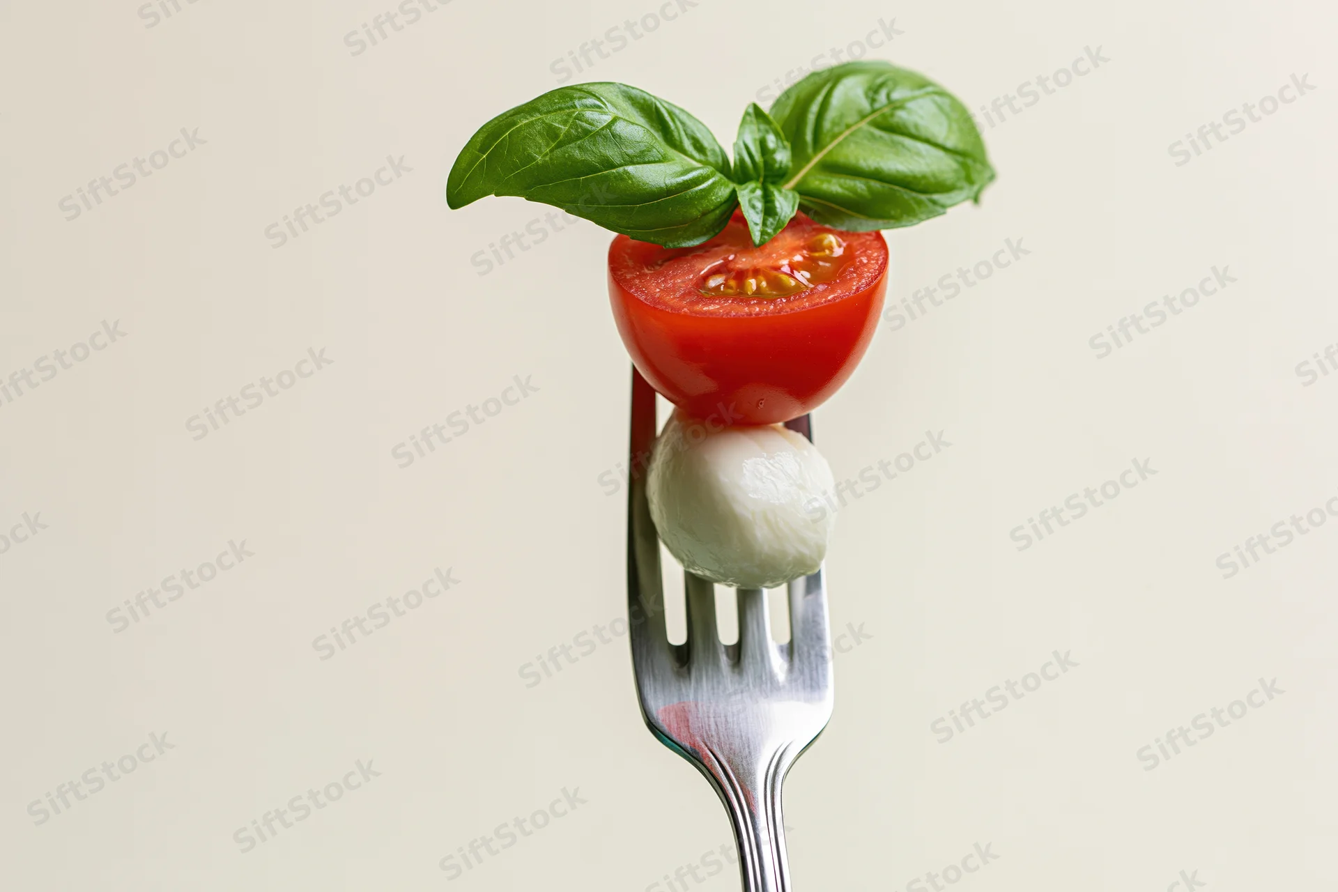 Fork holding halved tomato, basil leaves and mozzarella ball against plain background