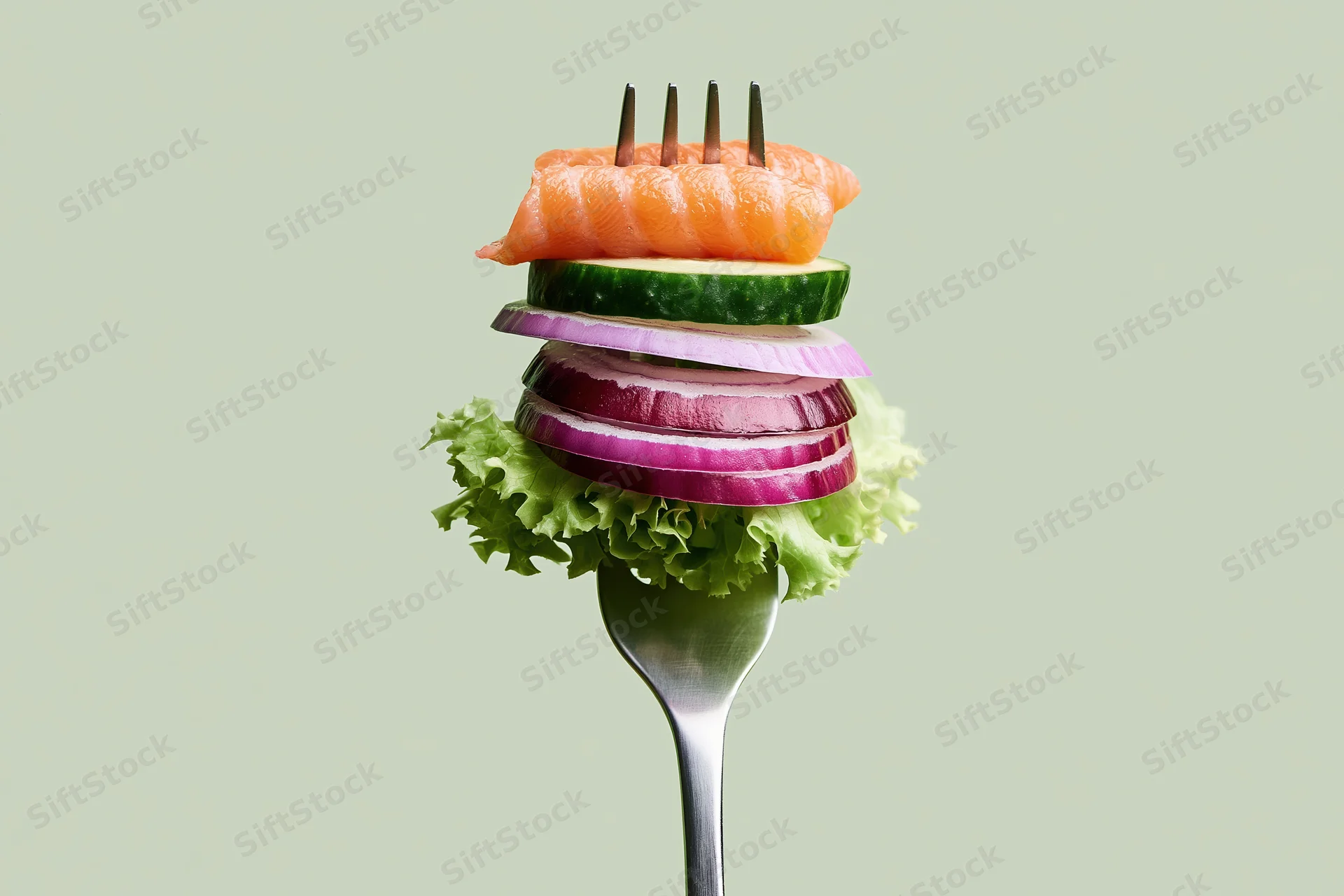 Silver fork holding stacked salmon, cucumber, red onion, and lettuce against light green background