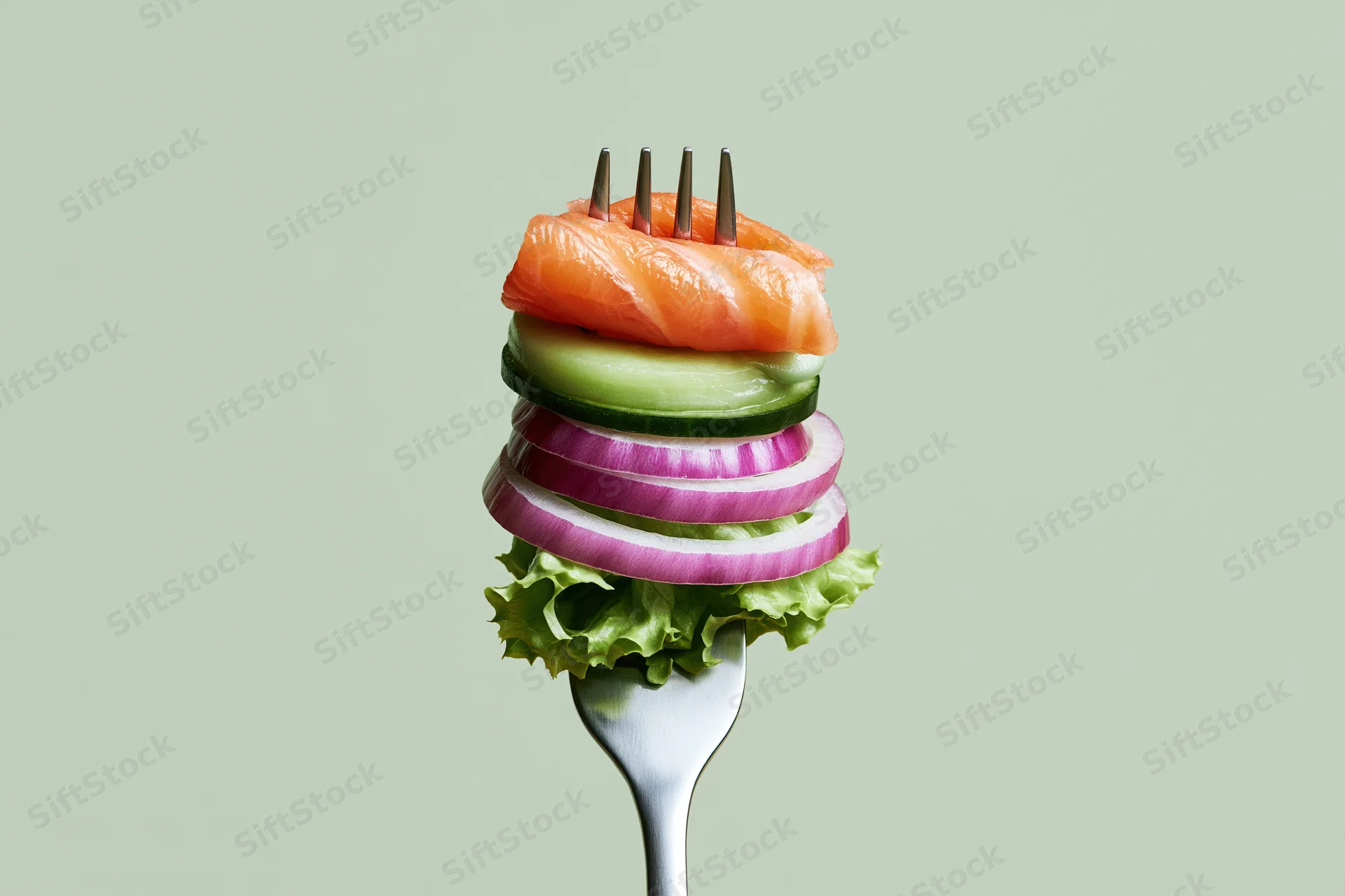 Fork holding stacked salmon, cucumber, red onion and lettuce against plain background