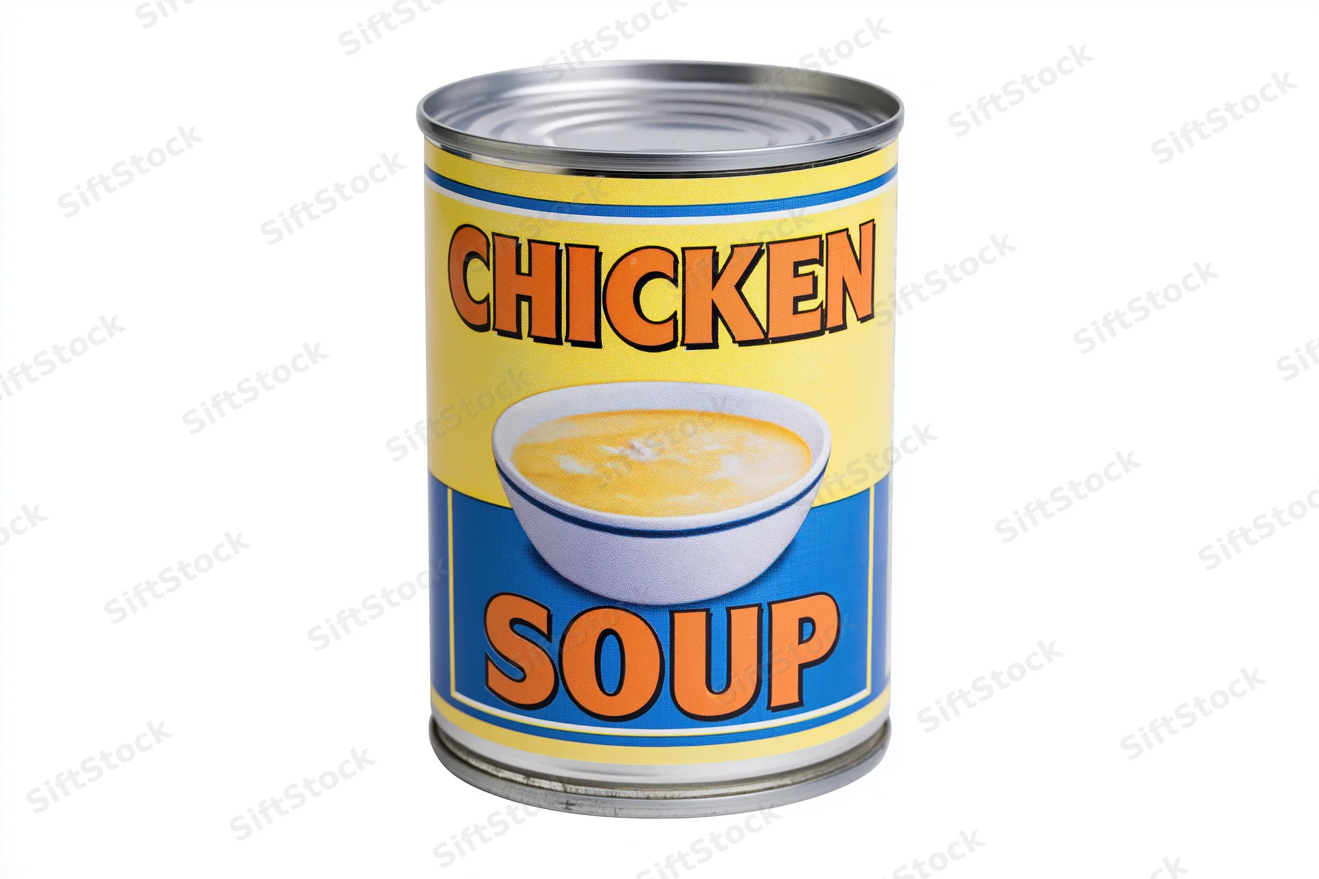 Single tin can of chicken soup with colorful label standing upright on white background