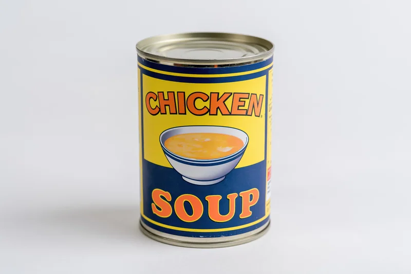 A tin can of chicken soup with a yellow and blue label standing upright on a white surface