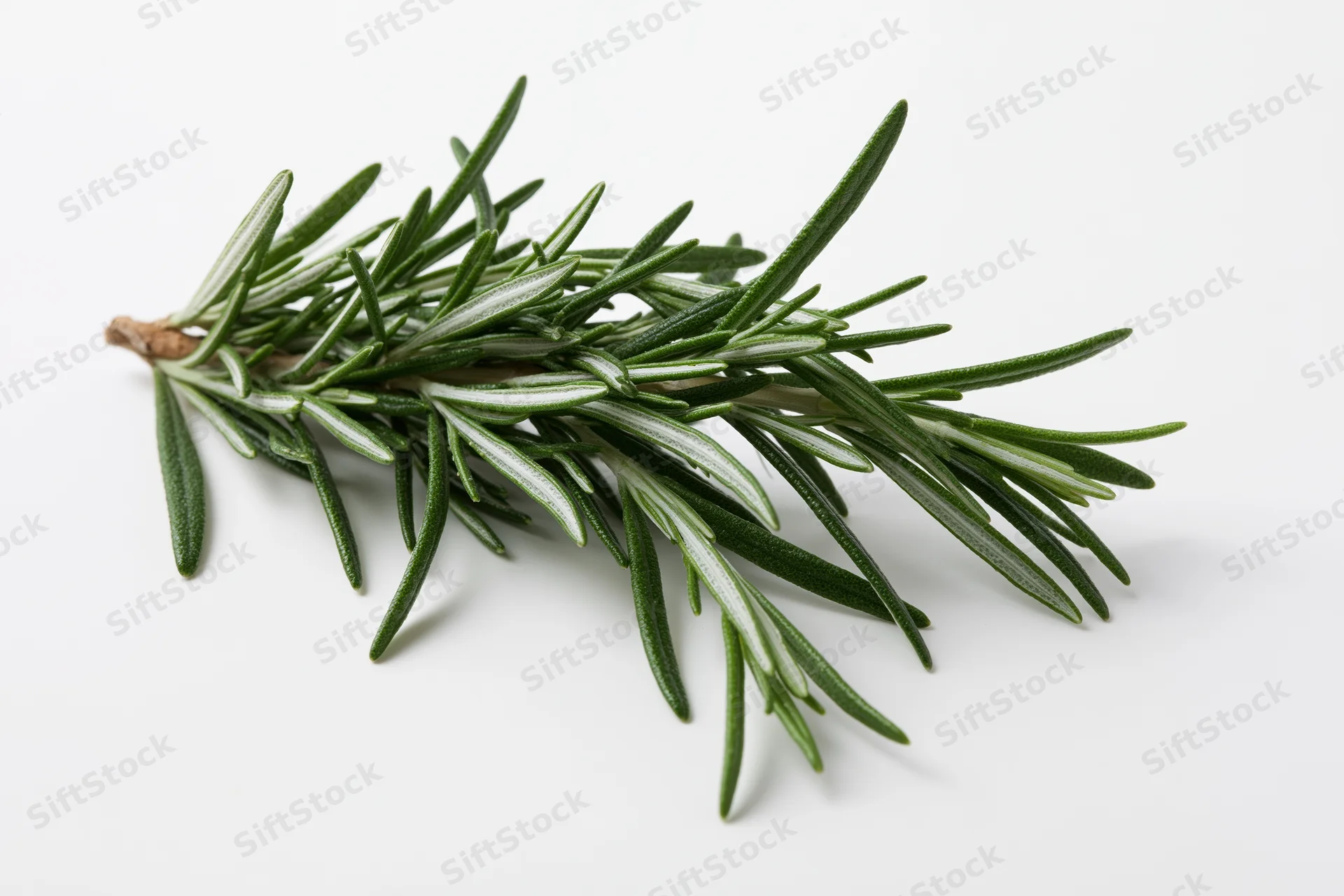 Fresh rosemary sprig lying flat on white background