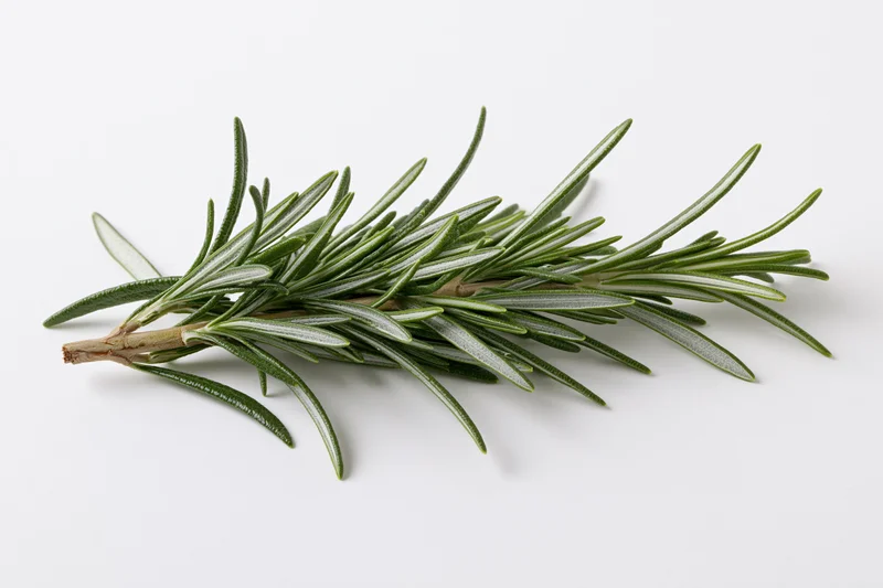 Fresh rosemary sprig lying flat on white background