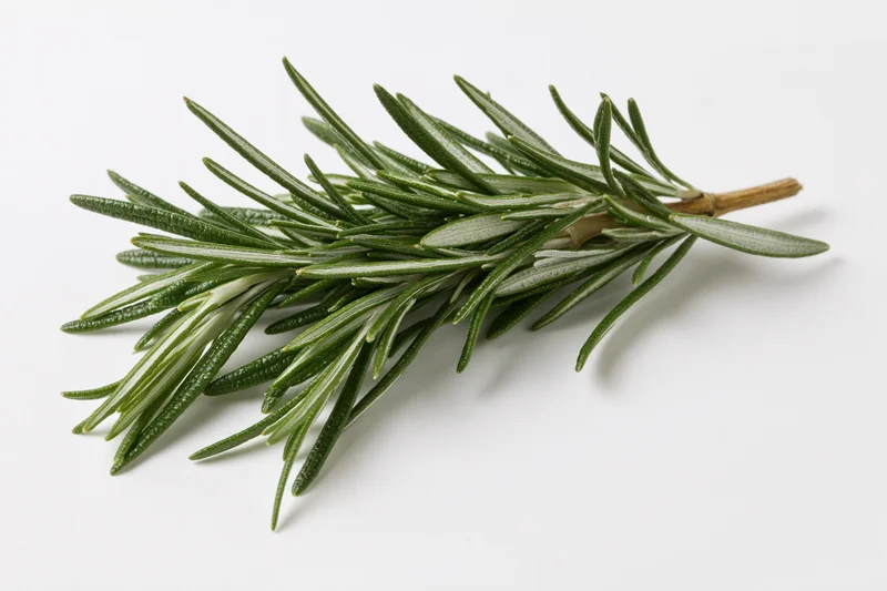 Fresh rosemary sprig lying flat on white background