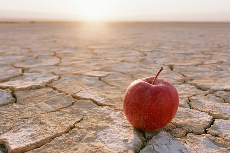 Red apple resting on cracked dry earth in desert landscape at sunset