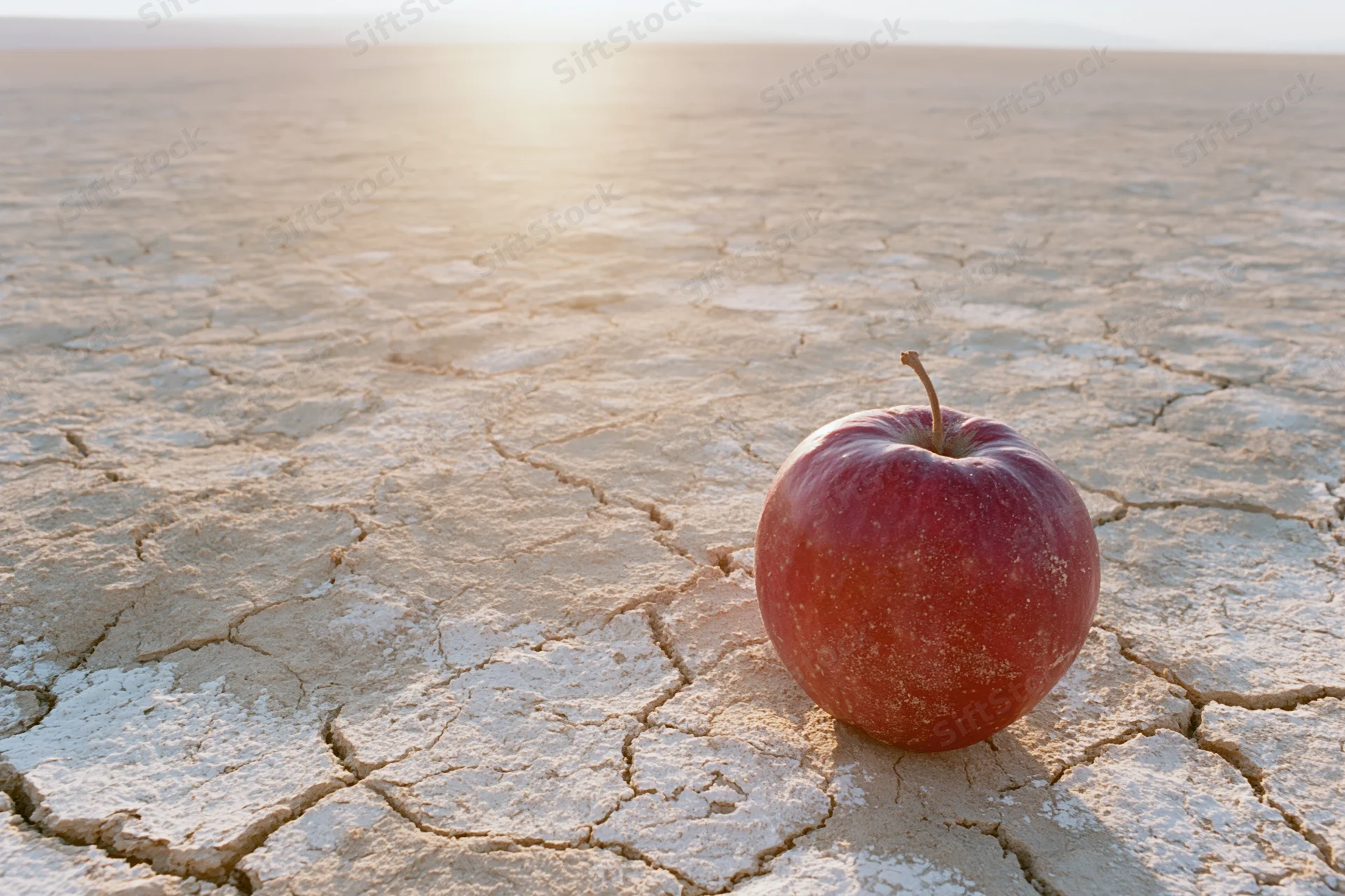 Red apple resting on cracked dry desert earth under warm sunlight