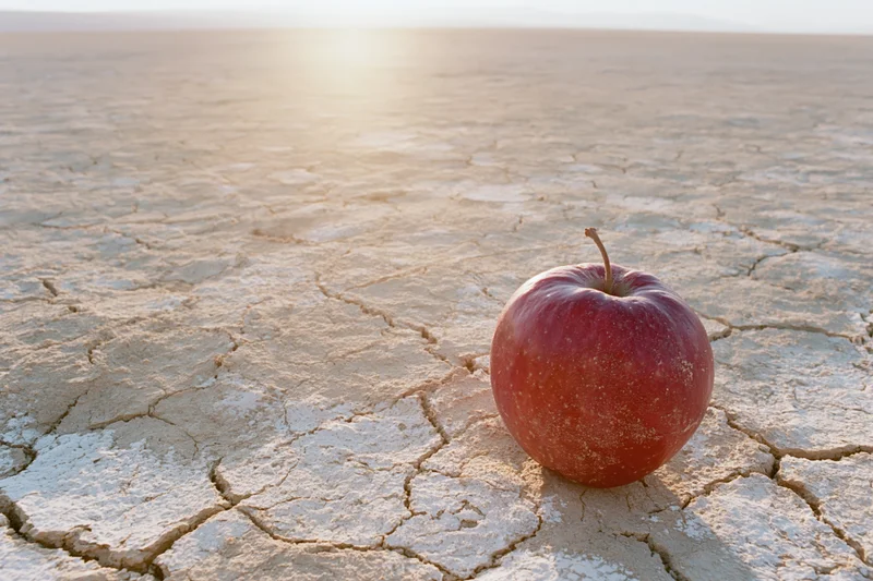 Red apple resting on cracked dry desert earth under warm sunlight