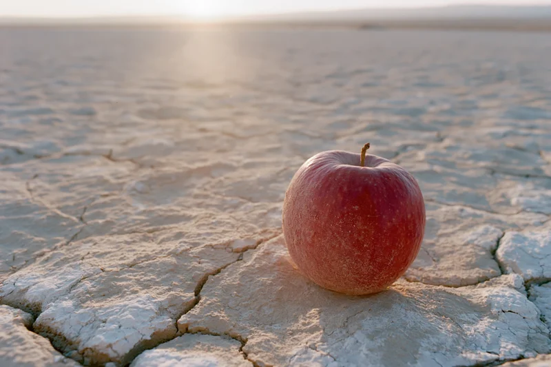 Red apple resting on cracked dry desert earth at sunset