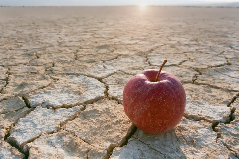 Red apple resting on cracked dry earth in desert landscape at sunset