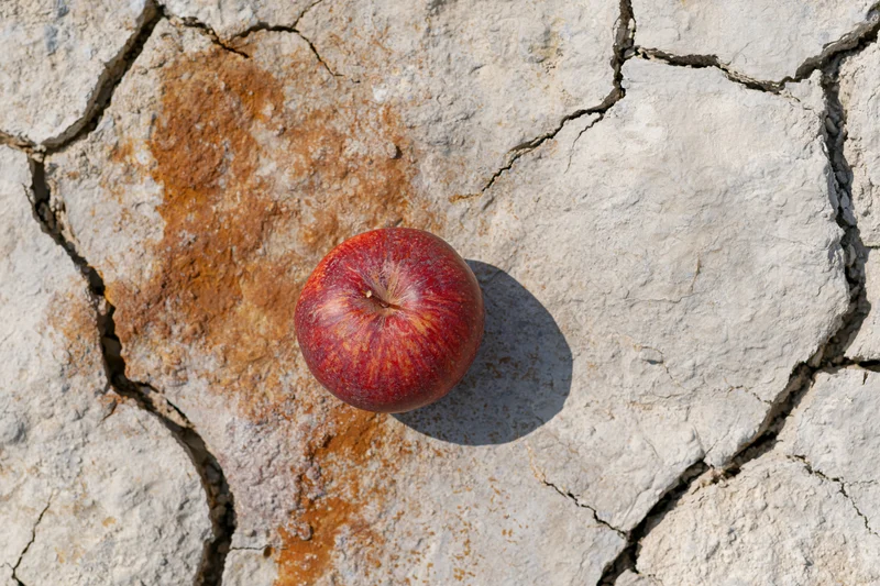 Red apple resting on cracked dry earth surface