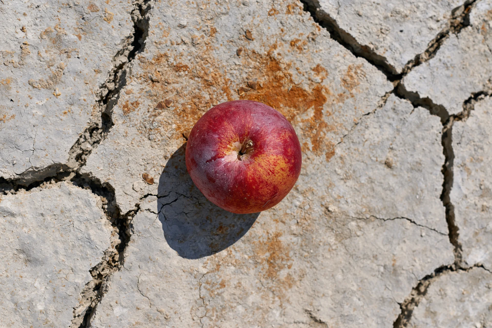 Red apple resting on cracked dry earth