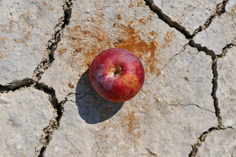 Red apple resting on cracked dry earth