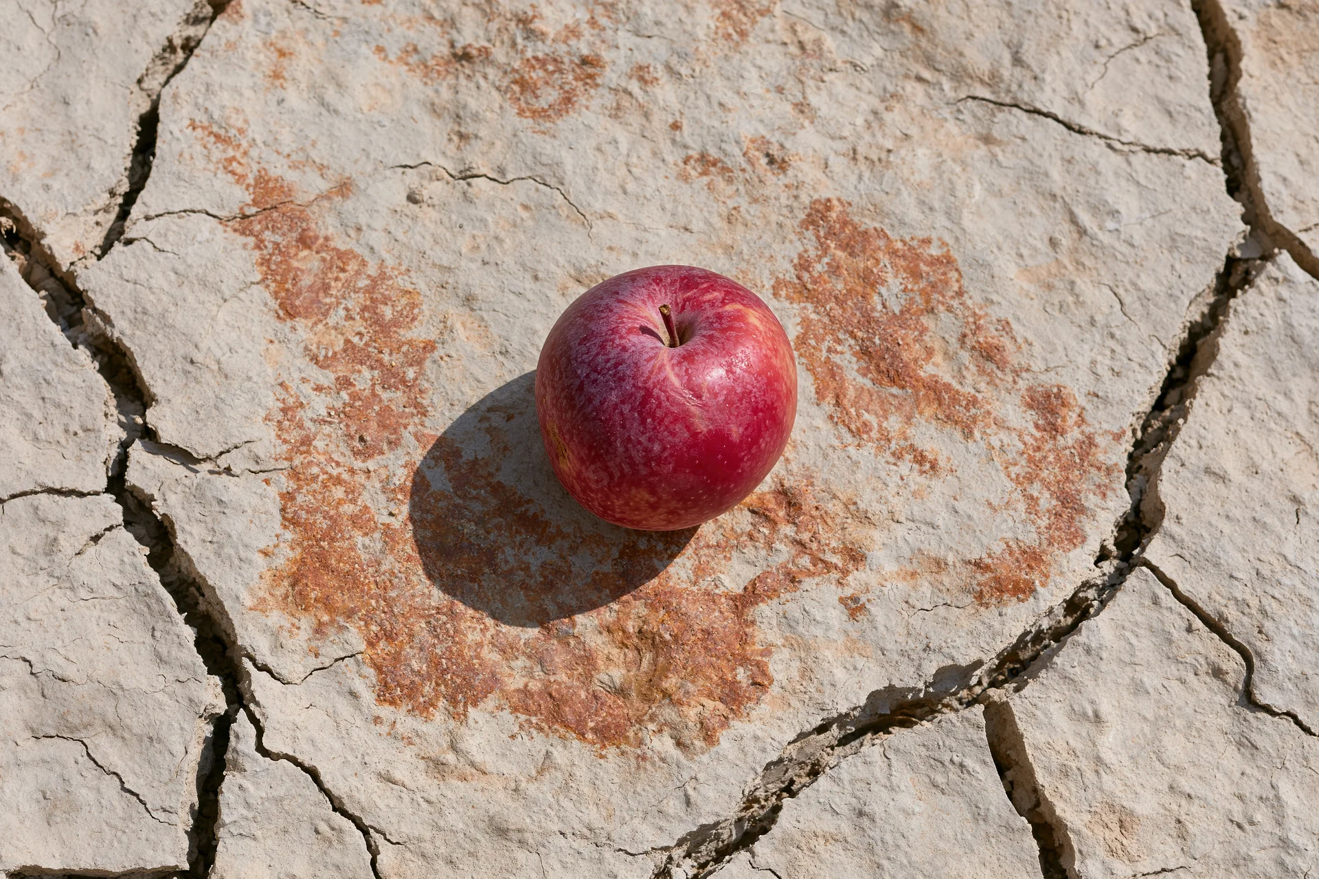 Red apple resting on severely cracked dry earth