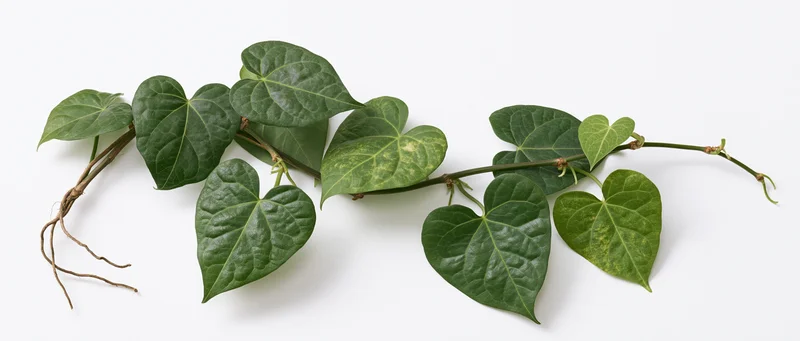 Vine branch with heart-shaped green leaves arranged on white surface