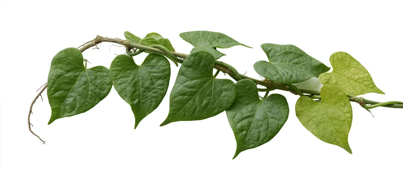 Vine branch with heart-shaped green leaves arranged horizontally on white background