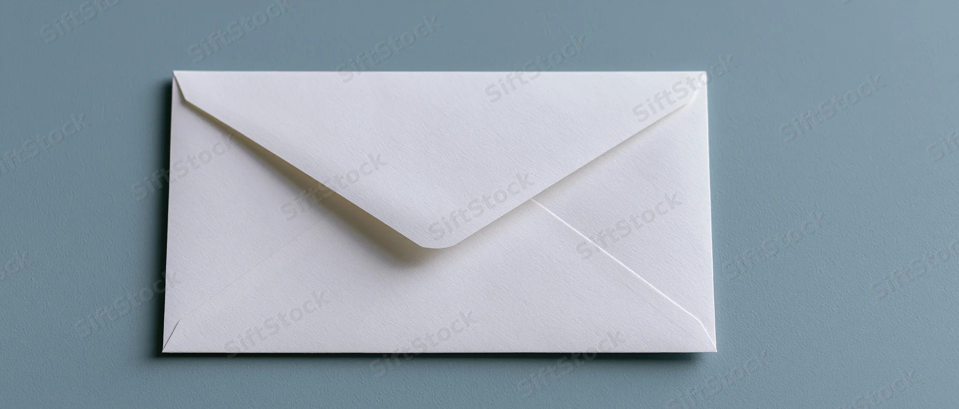 White paper envelope closed and centered on a gray surface with copyspace on the right