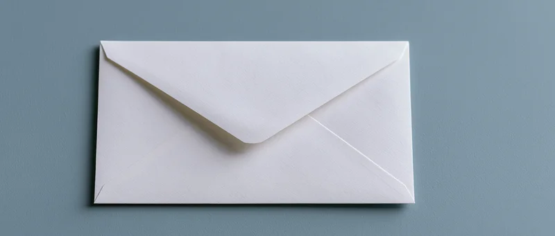 White paper envelope closed and centered on a gray surface with copyspace on the right