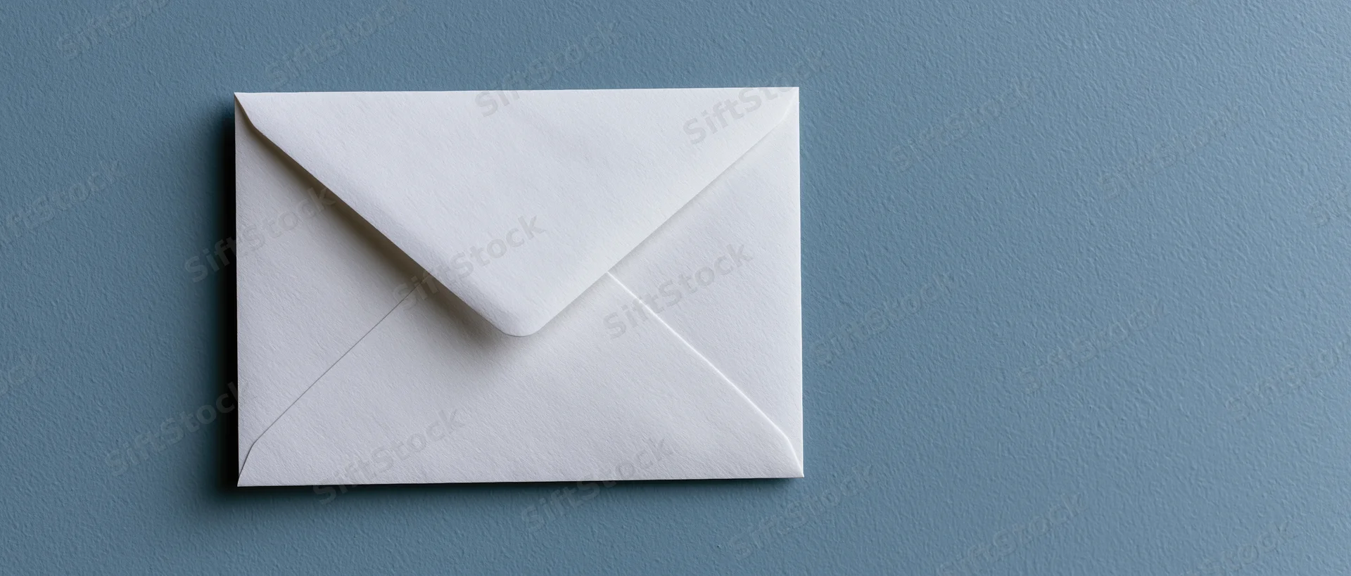 White paper envelope centered on blue textured surface with copyspace to the right