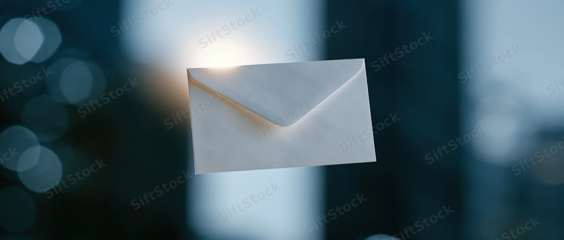 White paper envelope floating in front of blurred city lights with a glowing edge