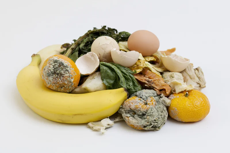 Pile of spoiled fruits, vegetables, and eggshells on white background