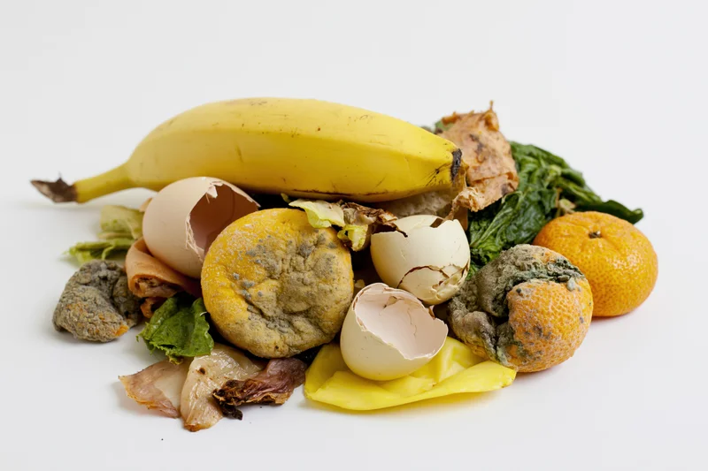 Pile of food waste including banana peel, eggshells, and moldy fruit on white background